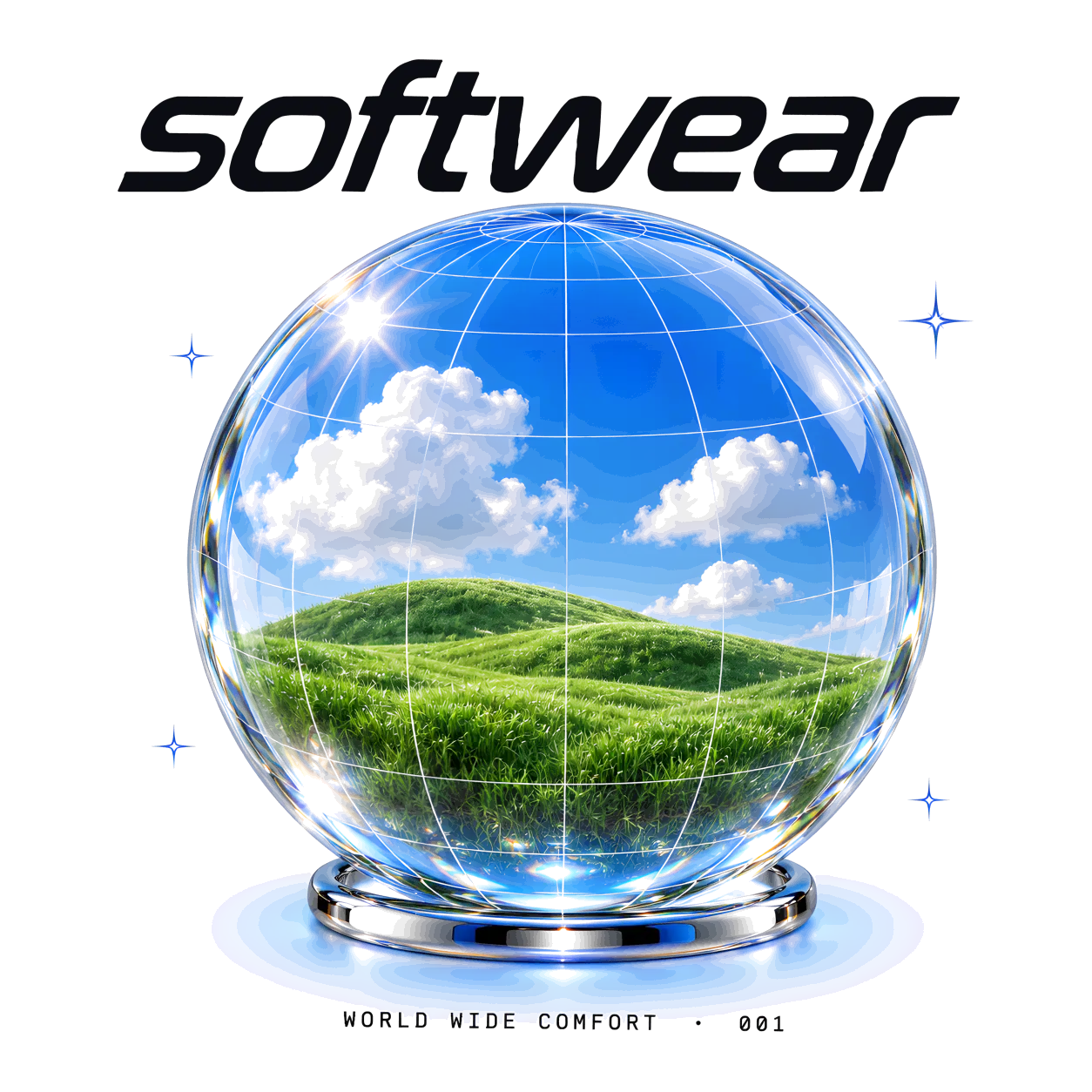 Glass World artwork: a glass globe holding a green hill and blue sky on a chrome stand, under the softwear wordmark