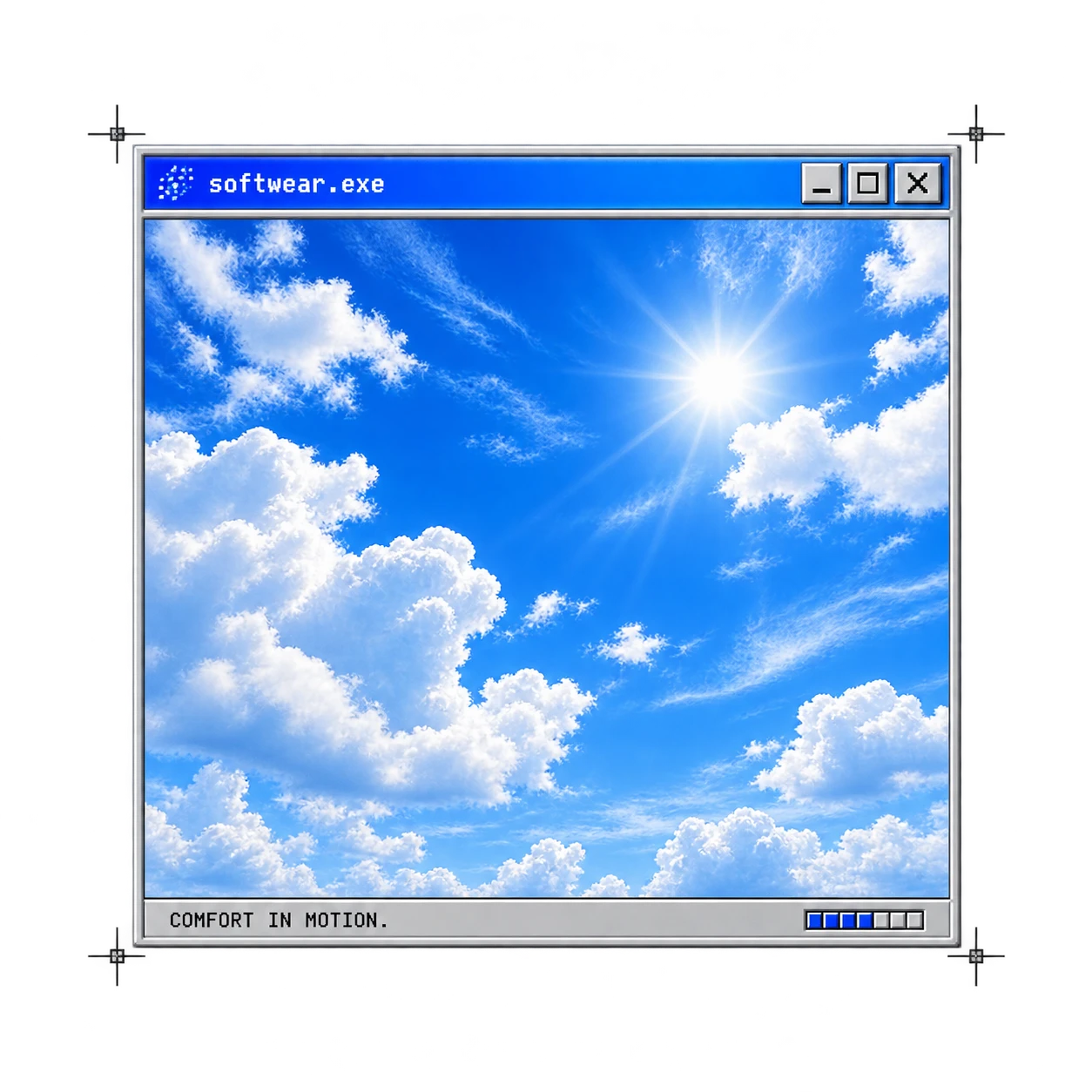 Sky Window artwork: a silver software window opening onto a blue sky with soft clouds