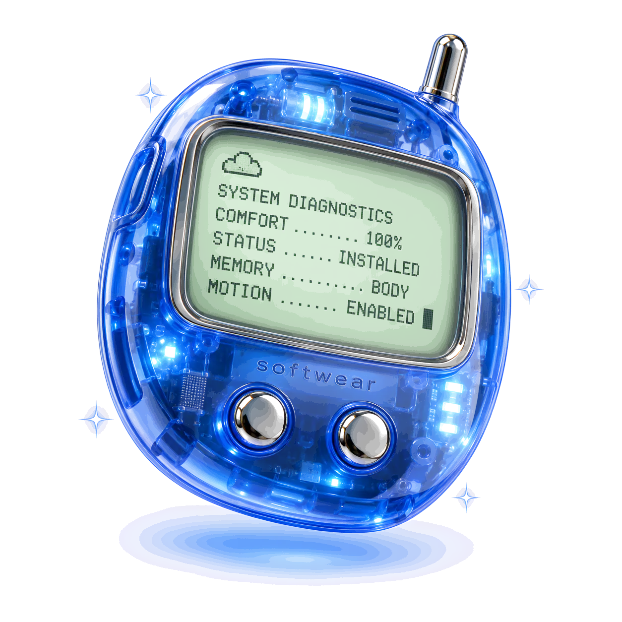 Status Device artwork: a translucent cobalt handheld whose screen reads system diagnostics, comfort 100%, status installed