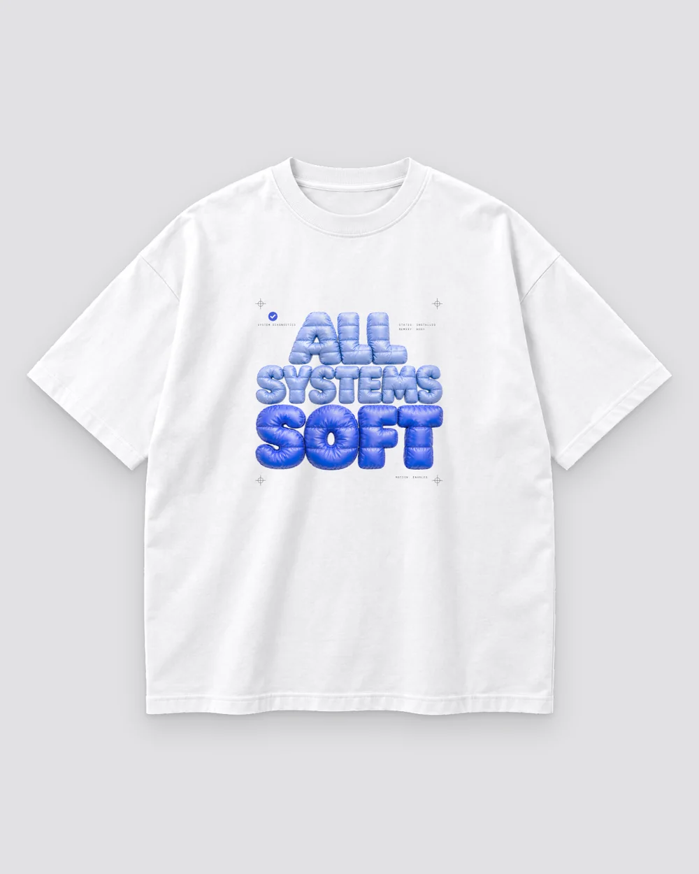 All Systems Soft Tee print mockup in cloud white