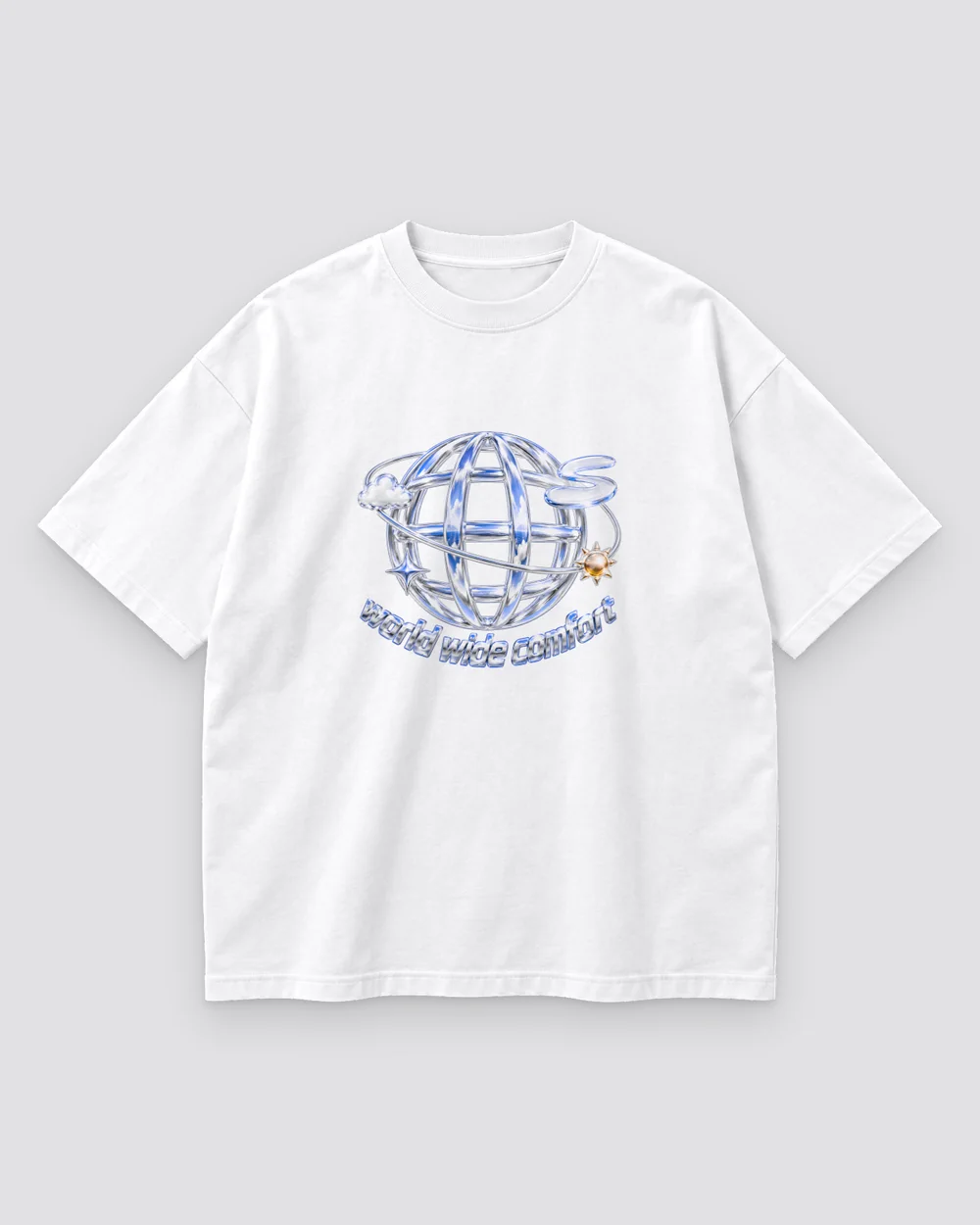 Chrome Orbit Tee print mockup in cloud white