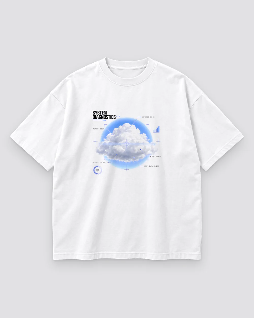 Cloud Diagnostics Tee print mockup in cloud white