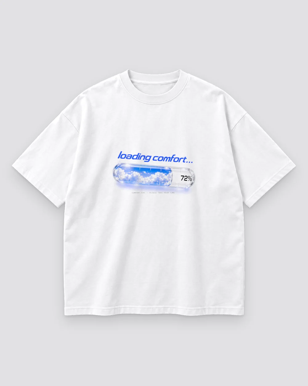 Cloud Loading Tee print mockup in cloud white