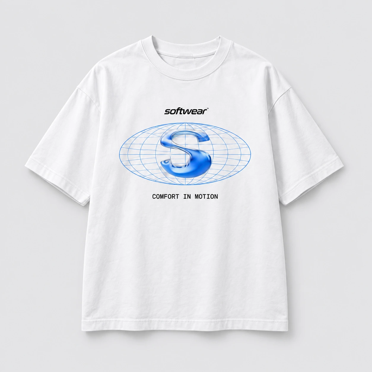 Daydream Box Tee print mockup in cloud white / sky blue