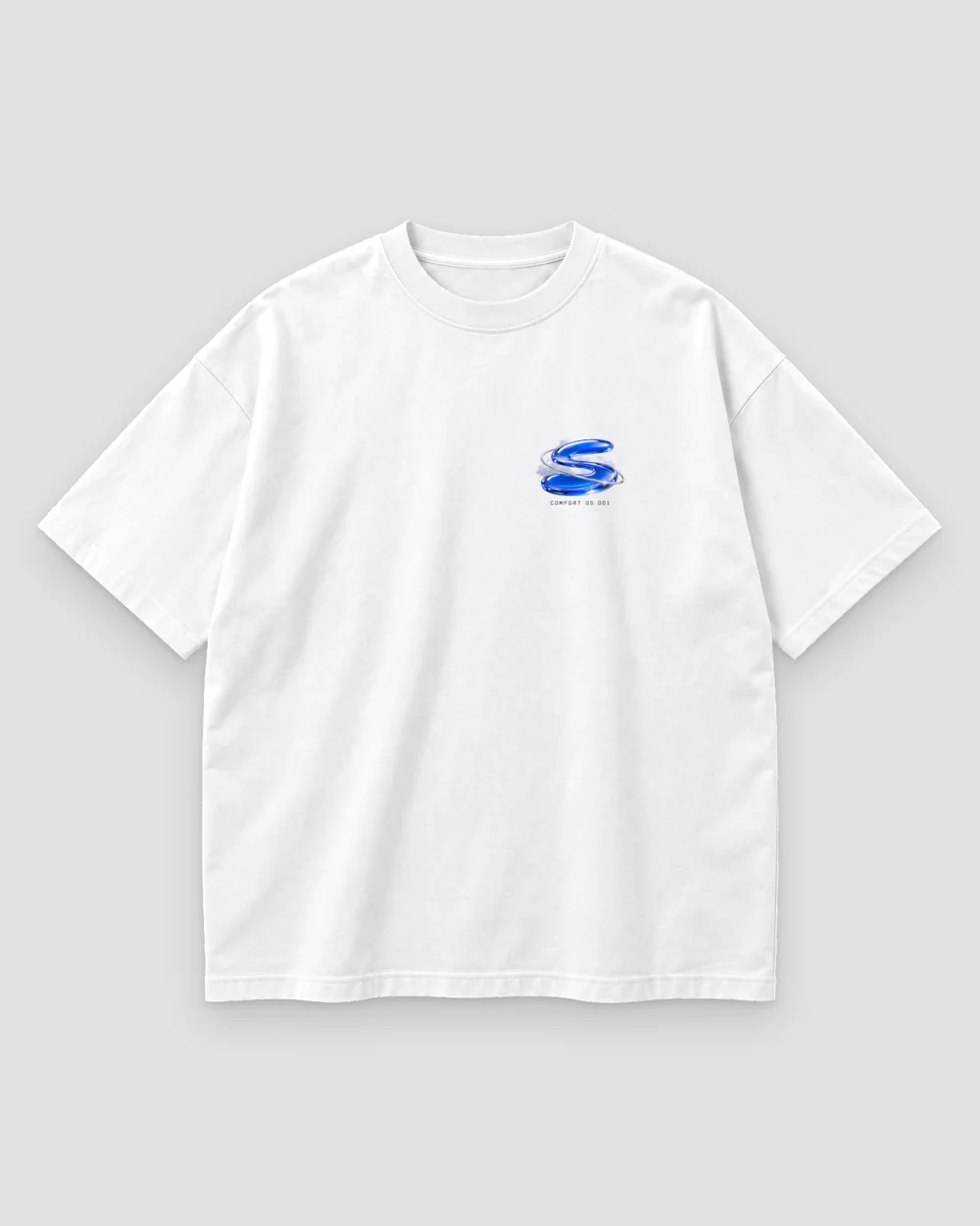 Glass S Emblem Tee print mockup in cloud white