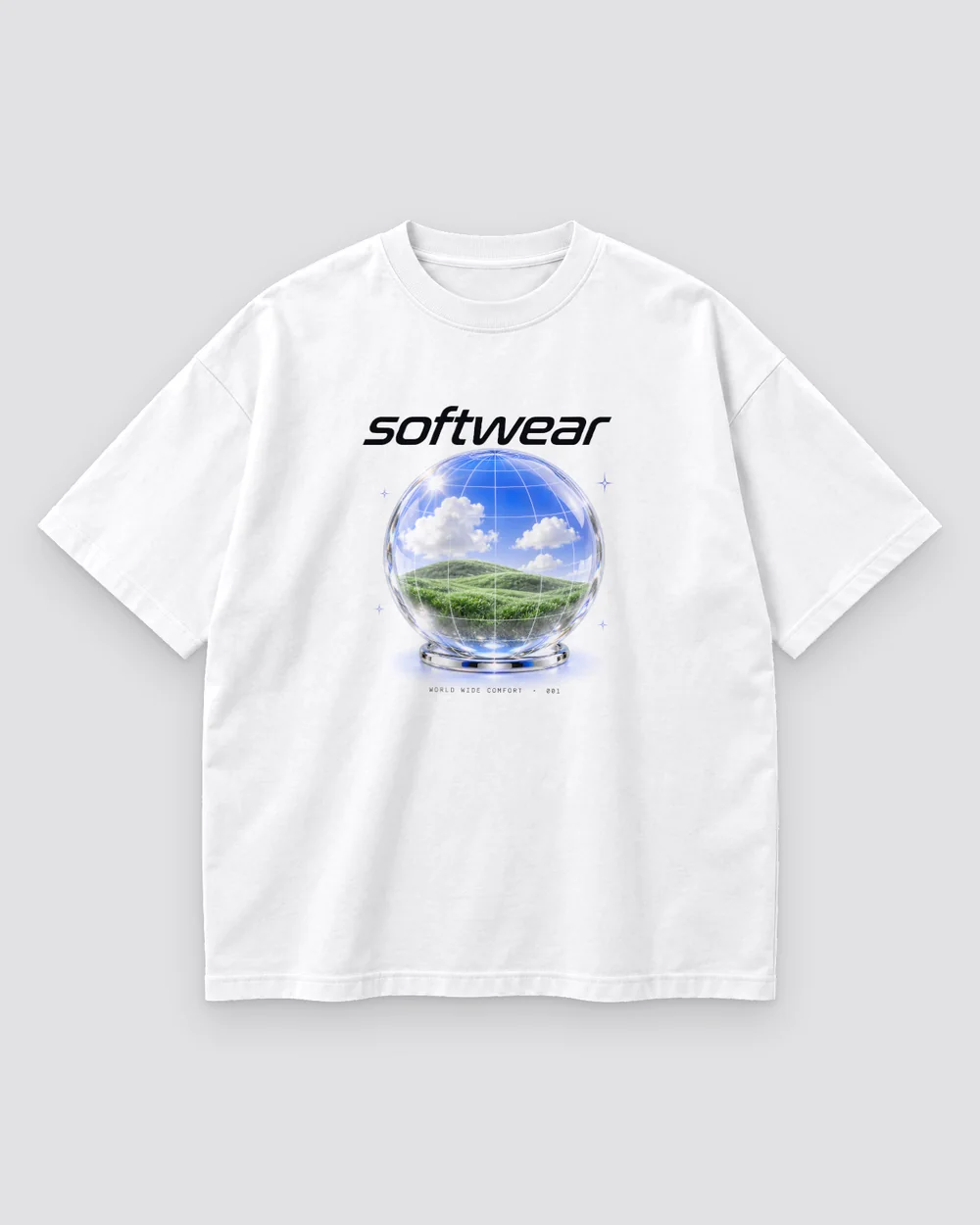 Glass World Tee print mockup in cloud white