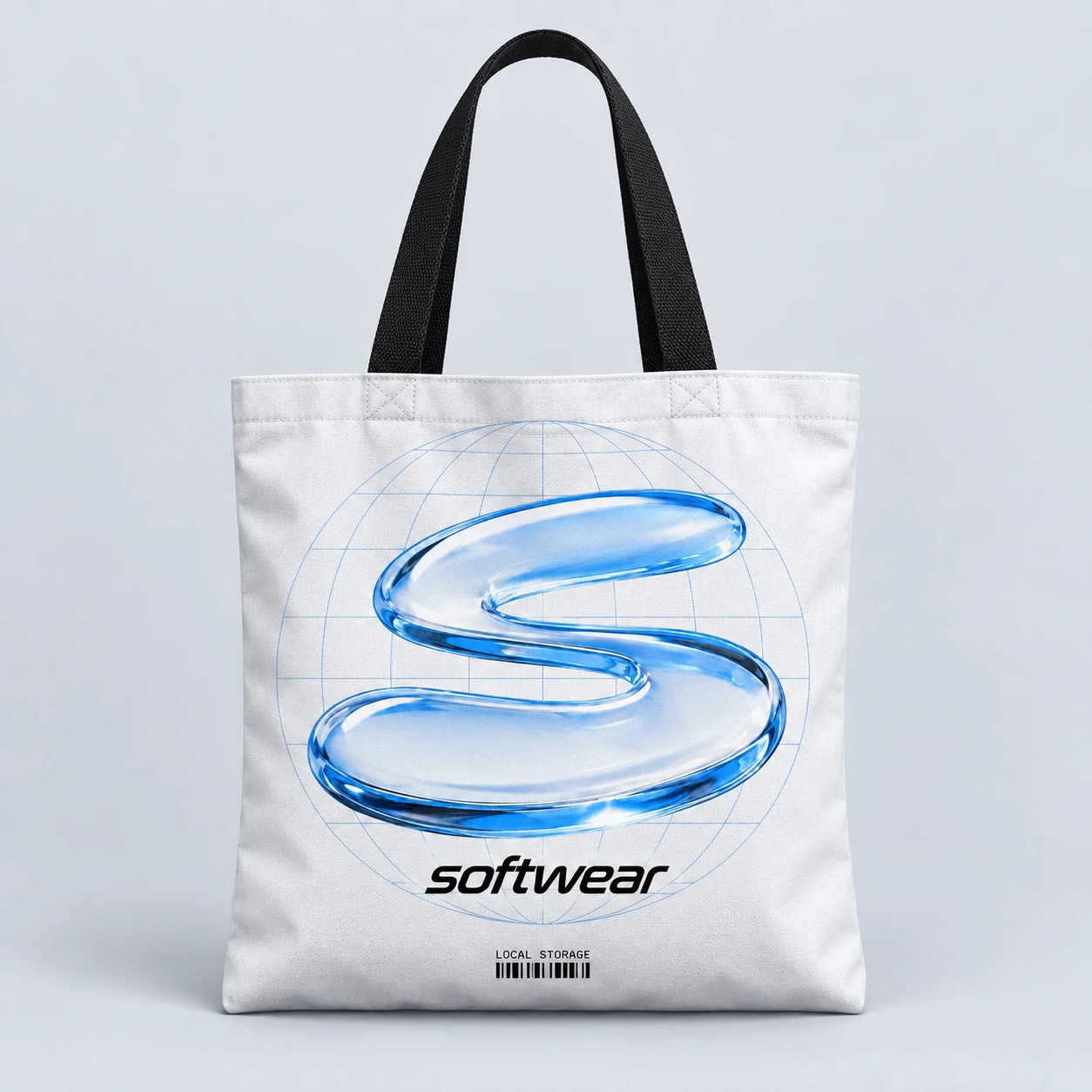 Installer Tote print mockup in cloud white / sky blue