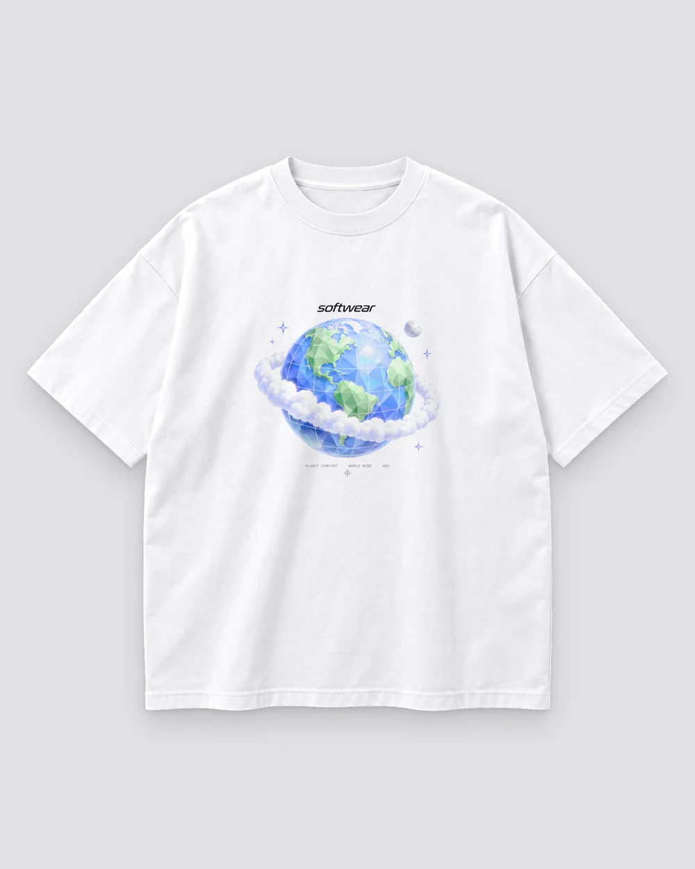 Planet Comfort Tee print mockup in cloud white