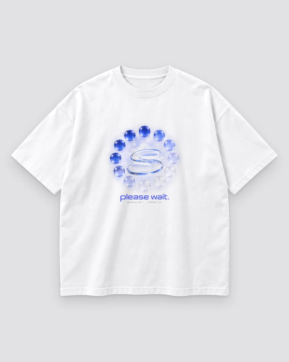 Please Wait Tee print mockup in cloud white