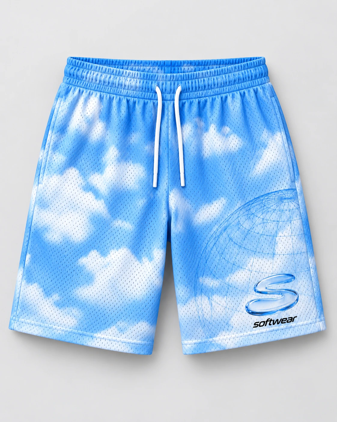 Sky Mesh Shorts print mockup in sky blue