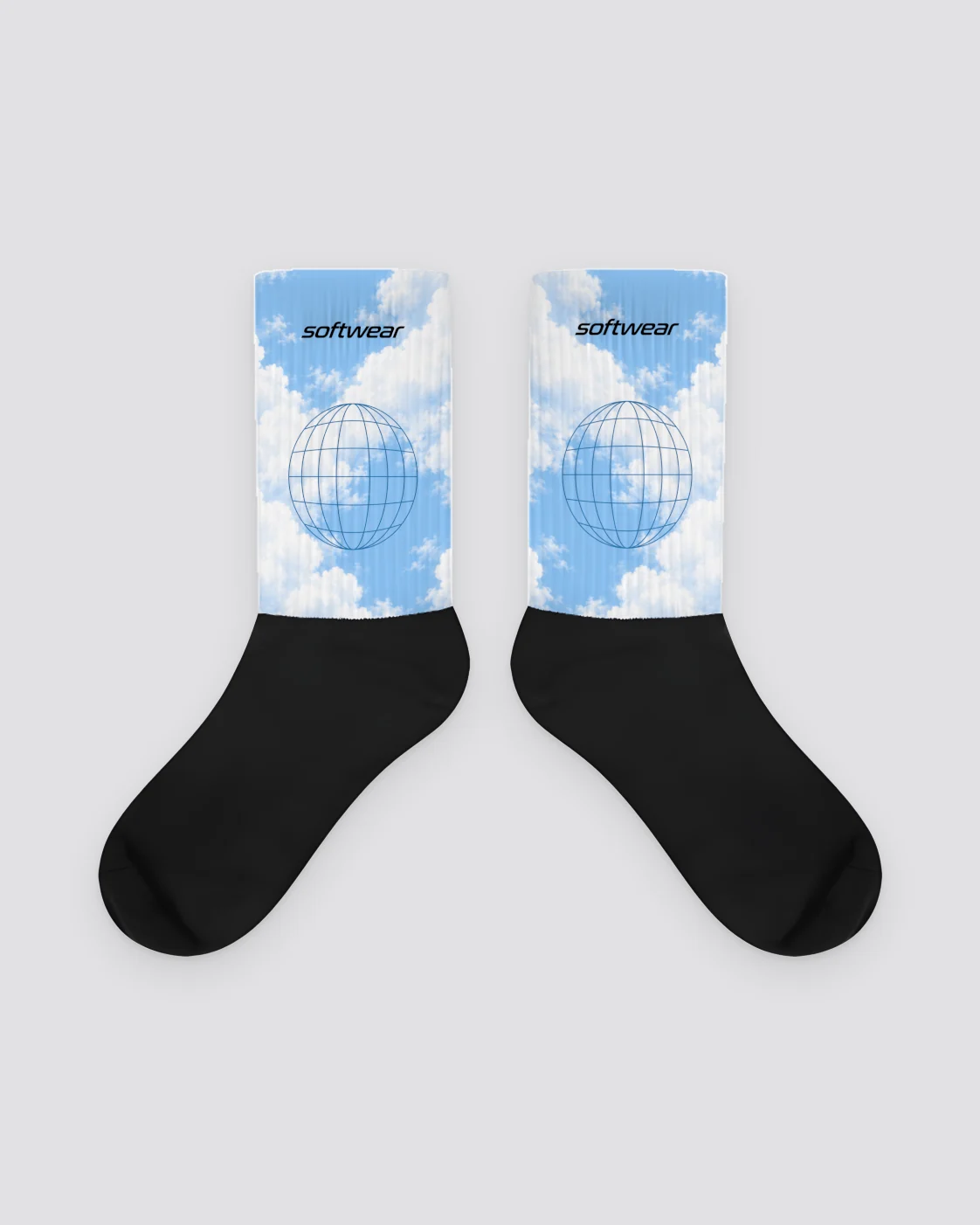 Sky Signal Socks print mockup in cloud white / sky blue / black foot