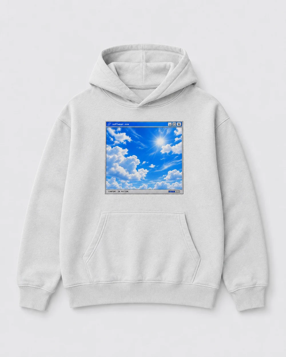 Sky Window Hoodie print mockup in cloud grey