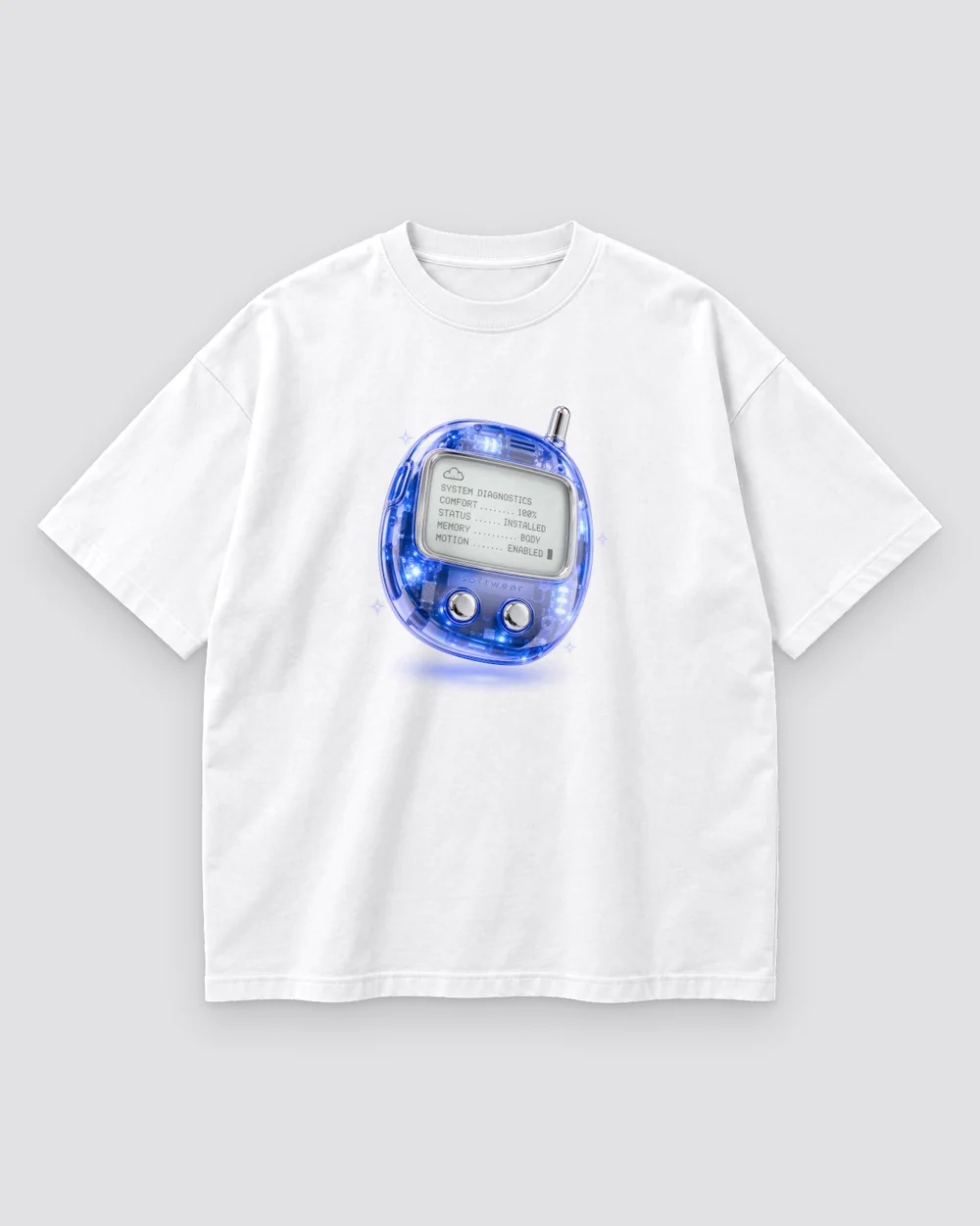 Status Device Tee print mockup in cloud white