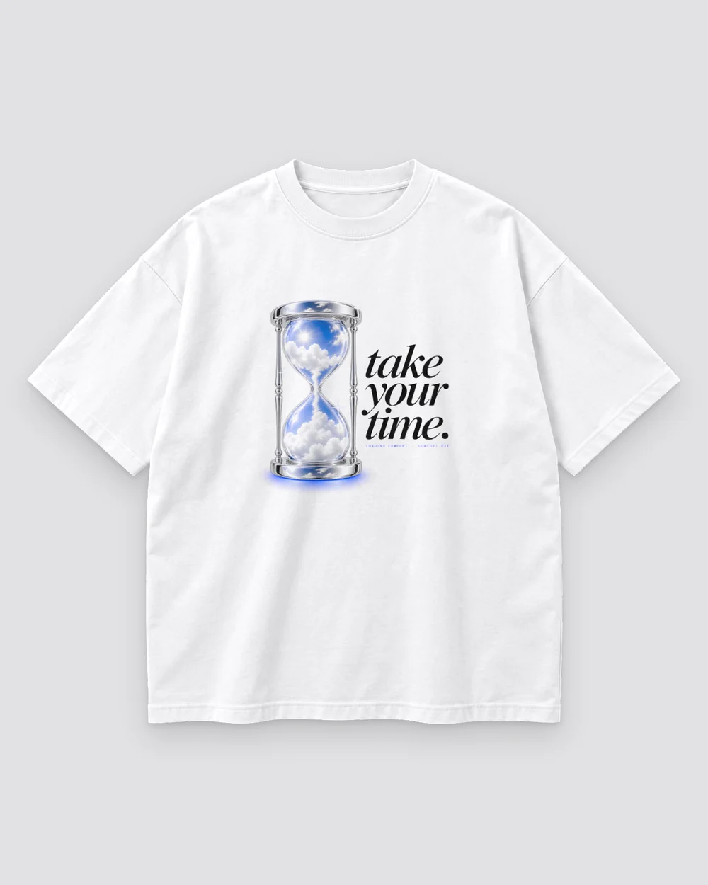 Take Your Time Tee print mockup in cloud white