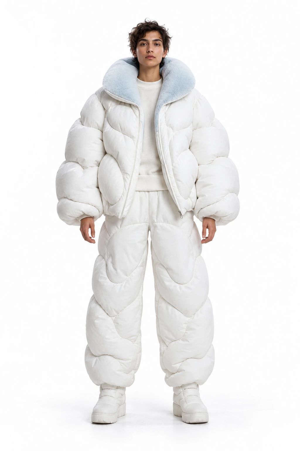 Full-body fashion concept: the studio model wearing sculptural, cloud-soft white apparel on a white background.