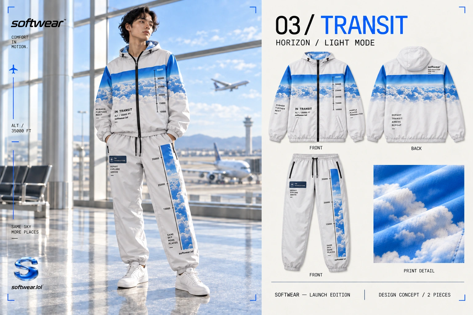 03 / Transit — Horizon, Light mode. Graphic look board with branded airport campaign, jacket front and back, matching pants, and cloud-print detail. Generated design concept.