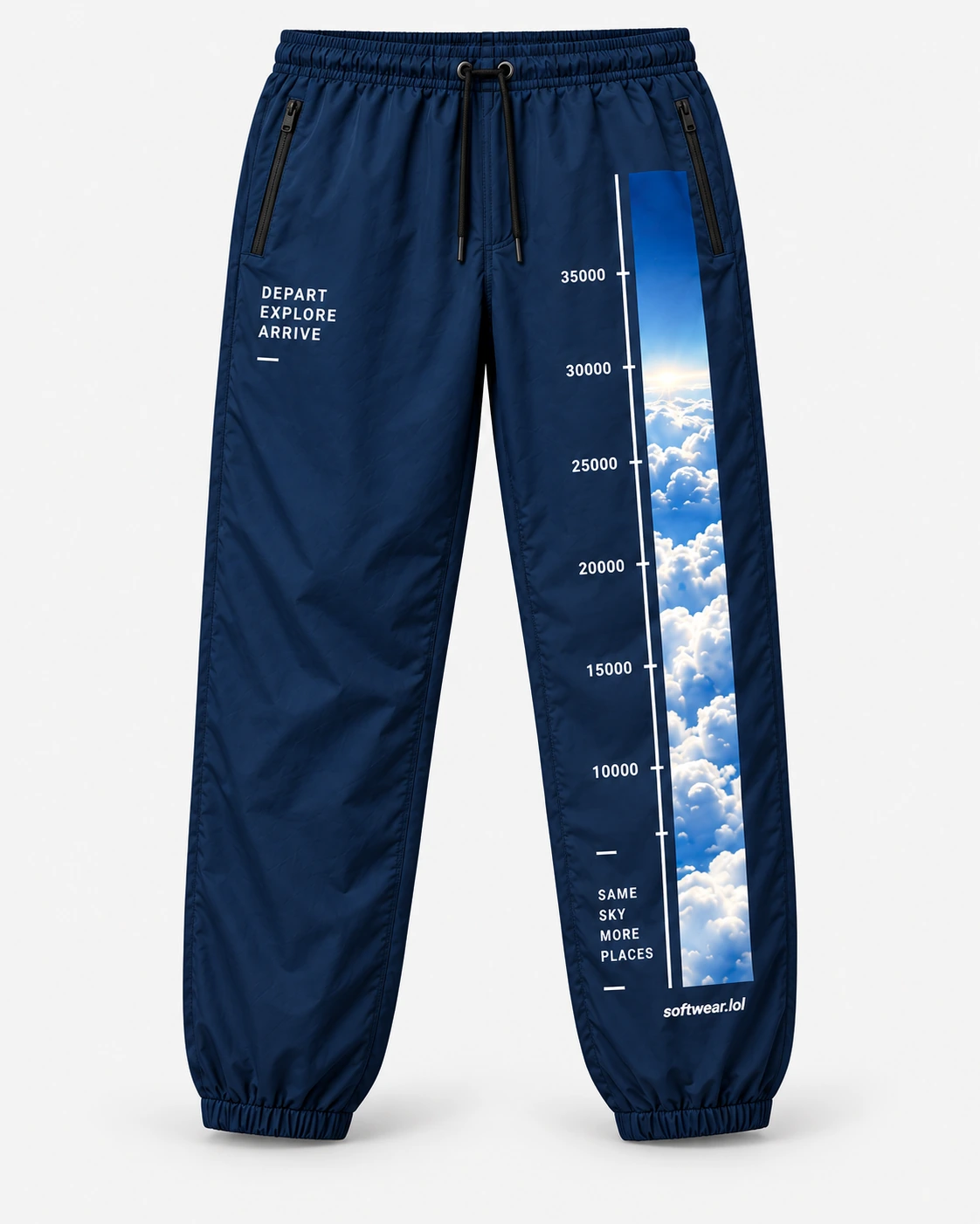 Transit Track Pants / Stratosphere print mockup in stratosphere / dark mode
