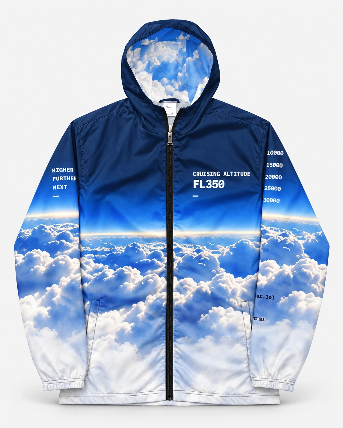 Transit Windbreaker / Stratosphere print mockup in stratosphere / dark mode